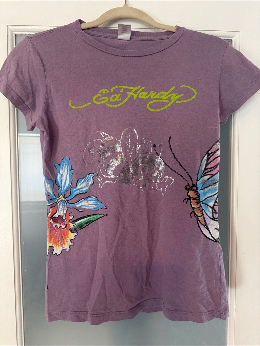 Ed Hardy Lavender Tee with Neon Logo & Butterfly Floral Art